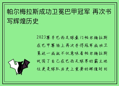 帕尔梅拉斯成功卫冕巴甲冠军 再次书写辉煌历史 帕尔梅拉斯成功卫冕巴甲冠军 再次书写辉煌历史